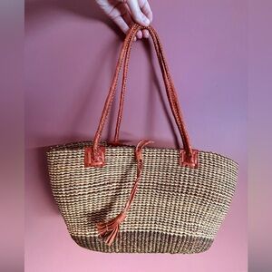 Vintage Tan Woven Rattan Tote Bag